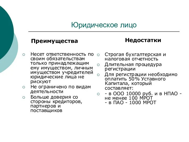 Юридическое лицо Преимущества Несет ответственность по своим обязательствам только принадлежащим