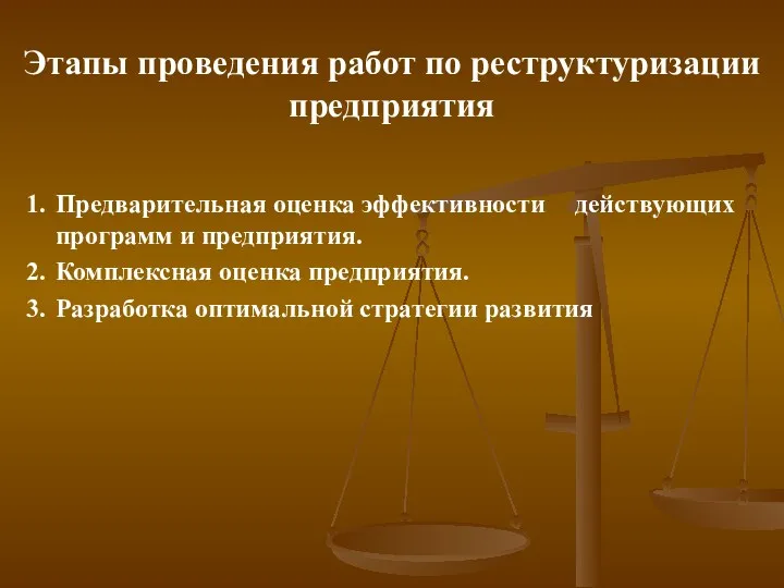 Этапы проведения работ по реструктуризации предприятия 1. Предварительная оценка эффективности