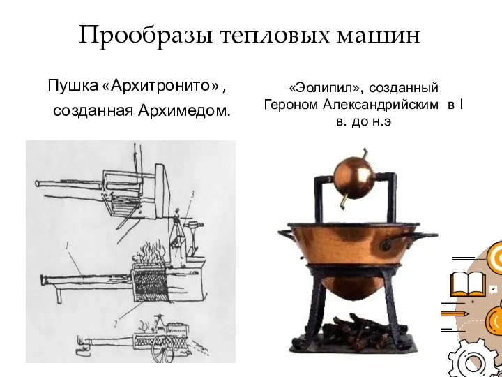Прообразы тепловых машин Пушка «Архитронито» , созданная Архимедом. «Эолипил», созданный
