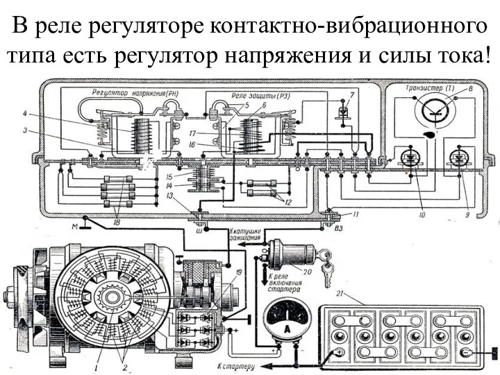 В реле регуляторе контактно-вибрационного типа есть регулятор напряжения и силы тока!