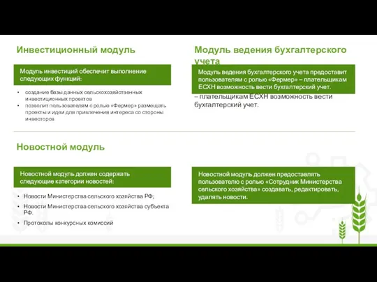 Инвестиционный модуль следующих функций: создание базы данных сельскохозяйственных инвестиционных проектов