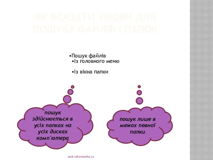 ЯК ВКАЗАТИ УМОВИ ДЛЯ ПОШУКУ ФАЙЛІВ І ПАПОК urok-informatiku.ru Пошук