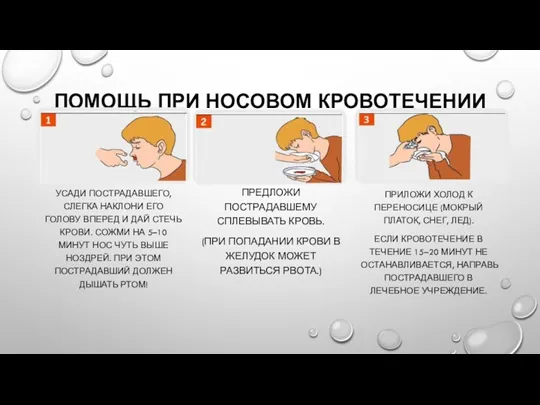 ПОМОЩЬ ПРИ НОСОВОМ КРОВОТЕЧЕНИИ УСАДИ ПОСТРАДАВШЕГО, СЛЕГКА НАКЛОНИ ЕГО ГОЛОВУ