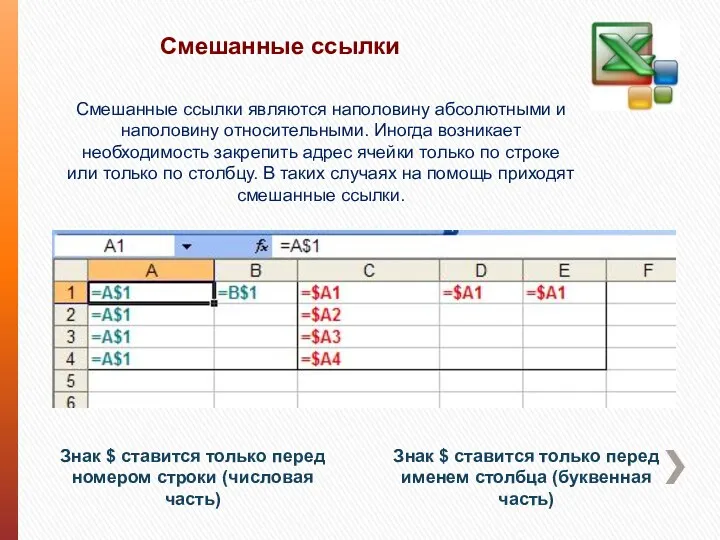 Смешанные ссылки Знак $ ставится только перед именем столбца (буквенная