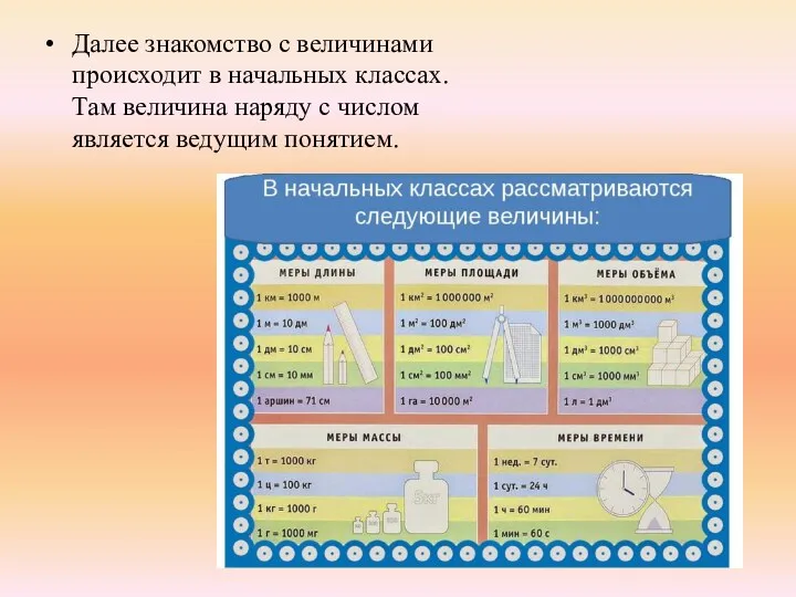 Далее знакомство с величинами происходит в начальных классах. Там величина наряду с числом является ведущим понятием.