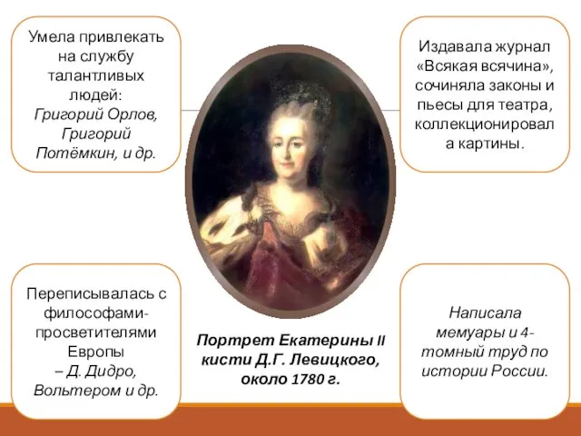 Портрет Екатерины II кисти Д.Г. Левицкого, около 1780 г. Умела привлекать на службу
