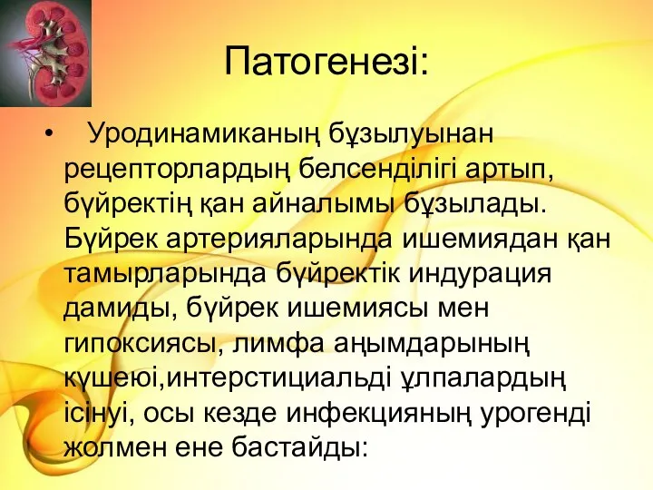 Патогенезі: Уродинамиканың бұзылуынан рецепторлардың белсенділігі артып, бүйректің қан айналымы бұзылады.