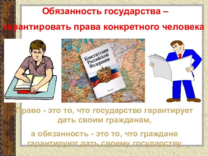 Обязанность государства – гарантировать права конкретного человека Право - это