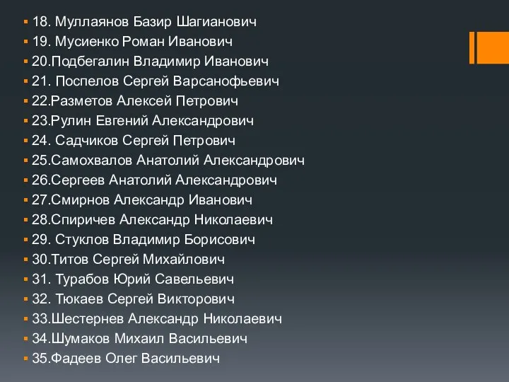 18. Муллаянов Базир Шагианович 19. Мусиенко Роман Иванович 20.Подбегалин Владимир