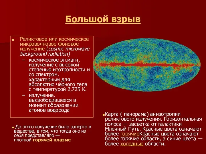 Большой взрыв Реликтовое или космическое микроволновое фоновое излучение (cosmic microwave