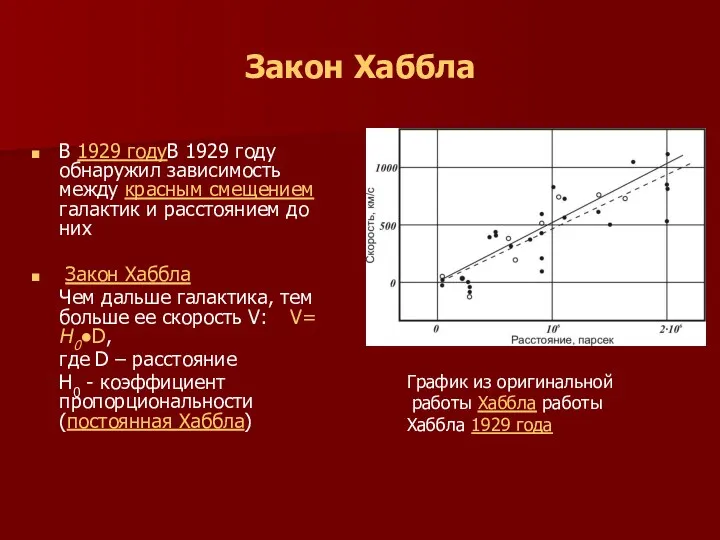 Закон Хаббла В 1929 годуВ 1929 году обнаружил зависимость между