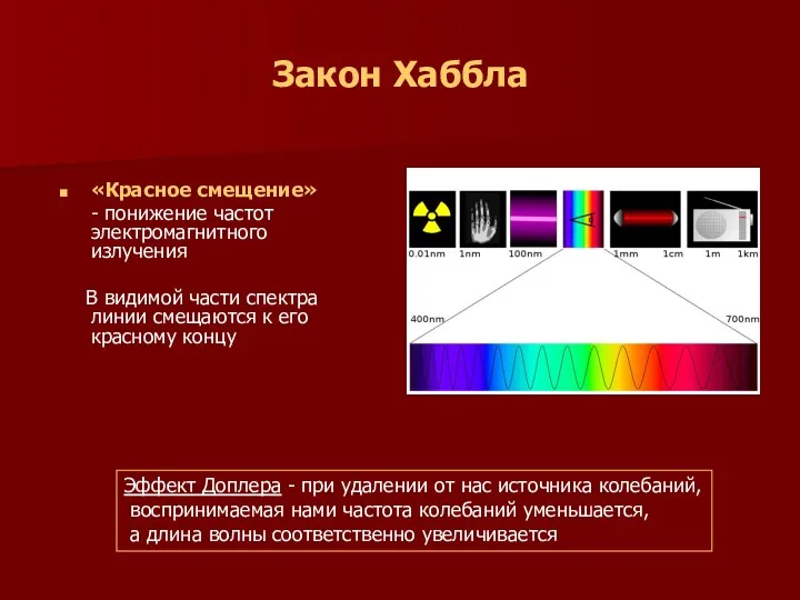 Закон Хаббла «Красное смещение» - понижение частот электромагнитного излучения В