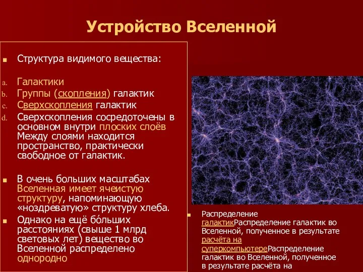 Устройство Вселенной Структура видимого вещества: Галактики Группы (скопления) галактик Сверхскопления