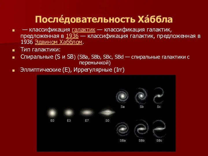 После́довательность Ха́ббла — классификация галактик — классификация галактик, предложенная в