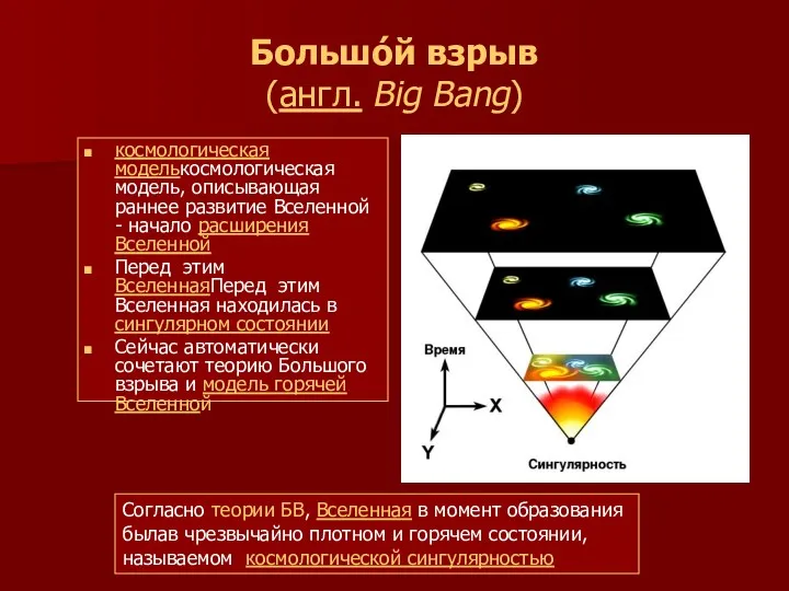 Большо́й взрыв (англ. Big Bang) космологическая моделькосмологическая модель, описывающая раннее