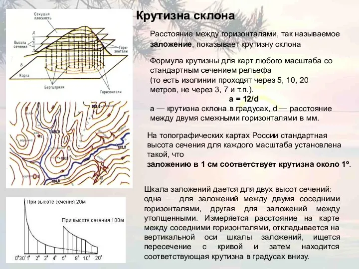 Крутизна склона Расстояние между горизонталями, так называемое заложение, показывает крутизну