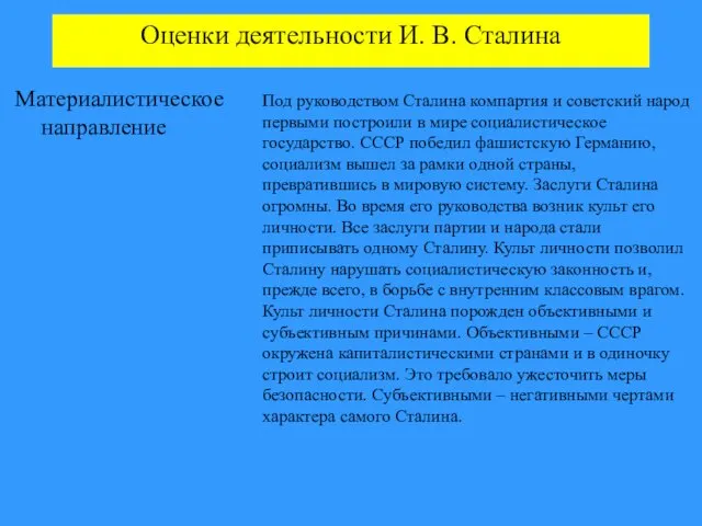 Оценки деятельности И. В. Сталина Материалистическое направление Под руководством Сталина