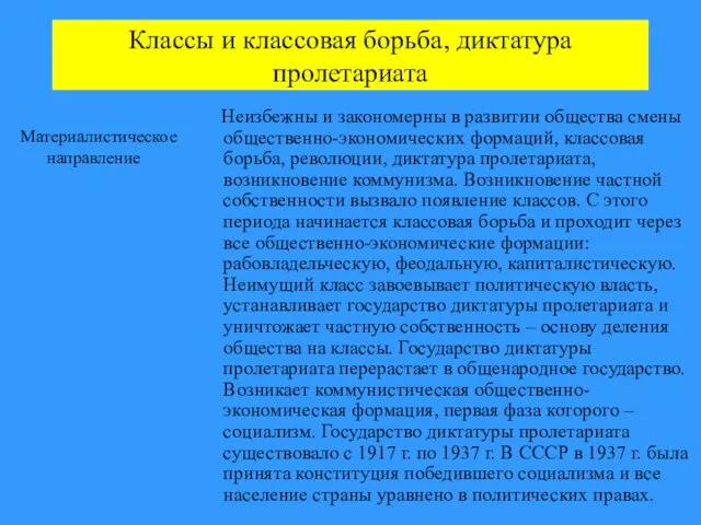 Классы и классовая борьба, диктатура пролетариата Материалистическое направление Неизбежны и