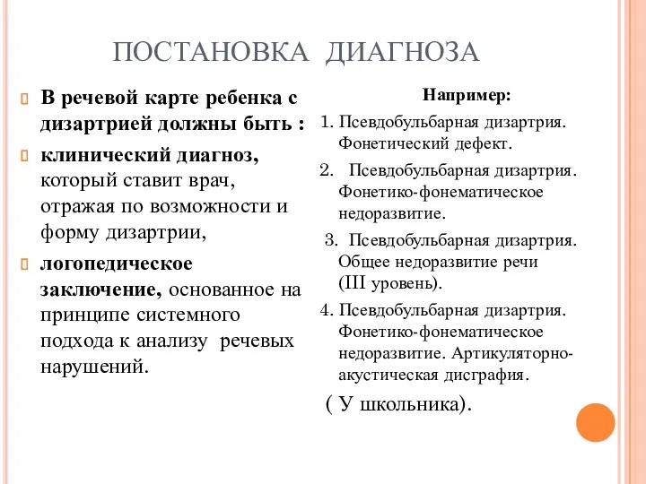 ПОСТАНОВКА ДИАГНОЗА В речевой карте ребенка с дизартрией должны быть