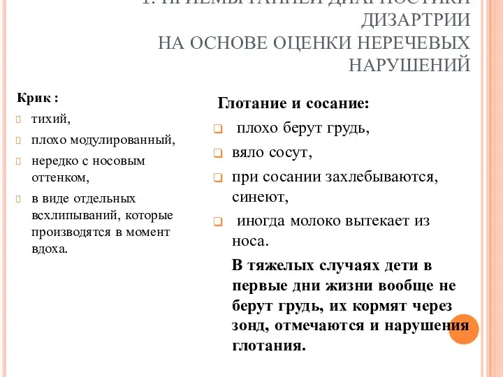 1. ПРИЕМЫ РАННЕЙ ДИАГНОСТИКИ ДИЗАРТРИИ НА ОСНОВЕ ОЦЕНКИ НЕРЕЧЕВЫХ НАРУШЕНИЙ