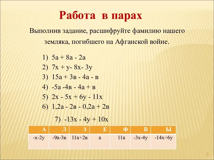 Работа в парах Выполнив задание, расшифруйте фамилию нашего земляка, погибшего