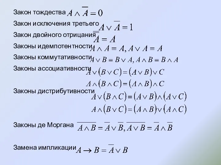 Закон тождества Закон исключения третьего Закон двойного отрицания Законы идемпотентности