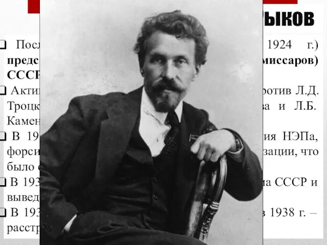 А.И. Рыков После смерти В.И. Ленина (январь 1924 г.) председатель