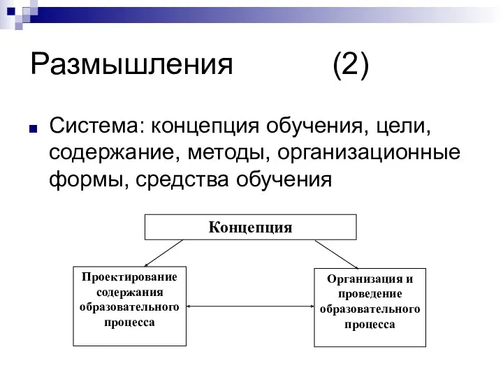 Размышления (2) Система: концепция обучения, цели, содержание, методы, организационные формы, средства обучения