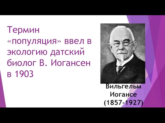 Термин «популяция» ввел в экологию датский биолог В. Иогансен в 1903 Вильгельм Иогансе (1857-1927)