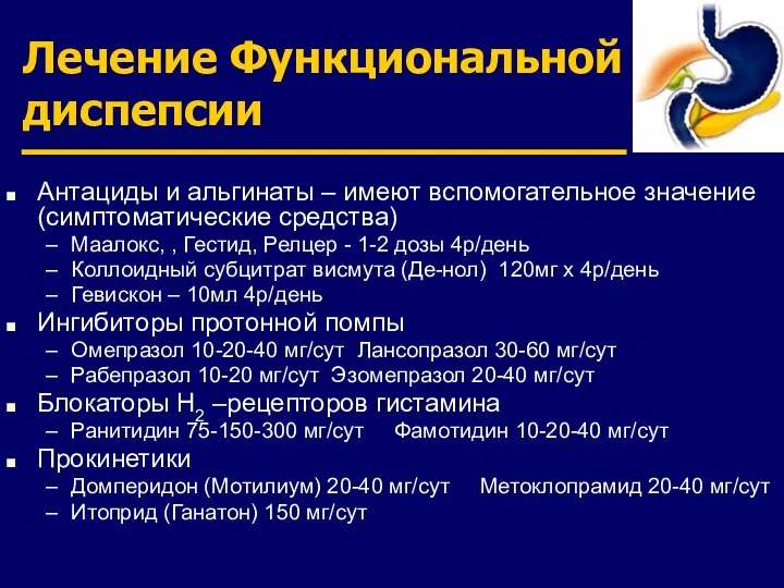 Лечение Функциональной диспепсии Антациды и альгинаты – имеют вспомогательное значение