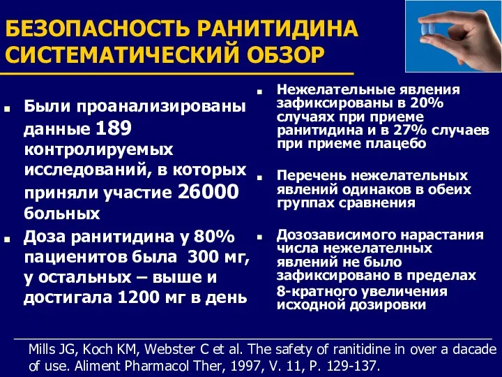 БЕЗОПАСНОСТЬ РАНИТИДИНА СИСТЕМАТИЧЕСКИЙ ОБЗОР Были проанализированы данные 189 контролируемых исследований,