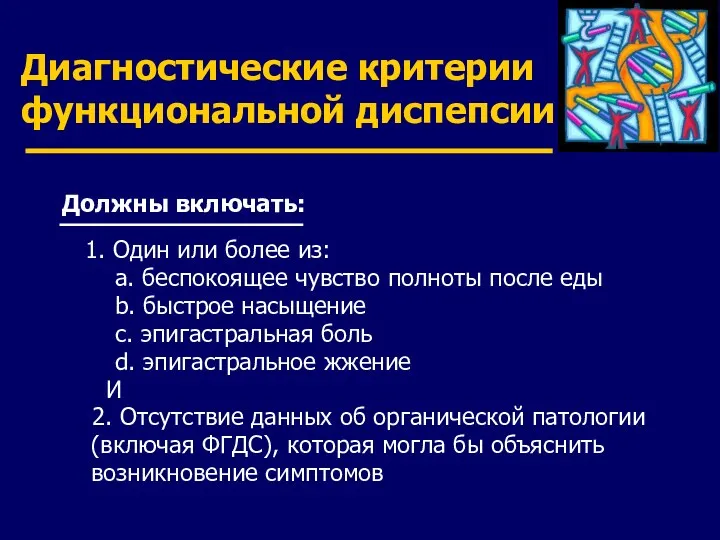 Диагностические критерии функциональной диспепсии Должны включать: 1. Один или более