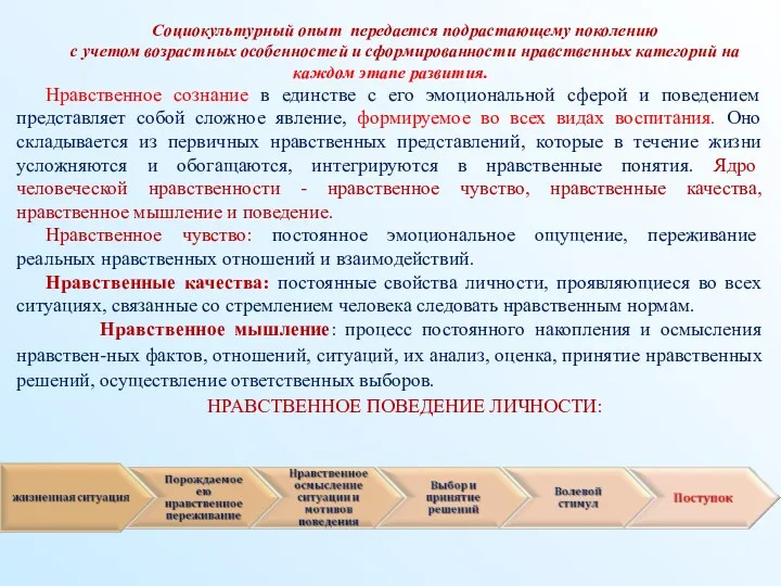 Социокультурный опыт передается подрастающему поколению с учетом возрастных особенностей и