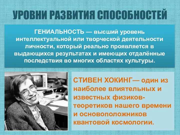 УРОВНИ РАЗВИТИЯ СПОСОБНОСТЕЙ СТИВЕН ХОКИНГ— один из наиболее влиятельных и