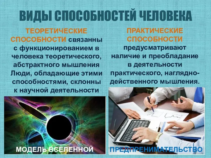 ВИДЫ СПОСОБНОСТЕЙ ЧЕЛОВЕКА ПРАКТИЧЕСКИЕ СПОСОБНОСТИ предусматривают наличие и преобладание в