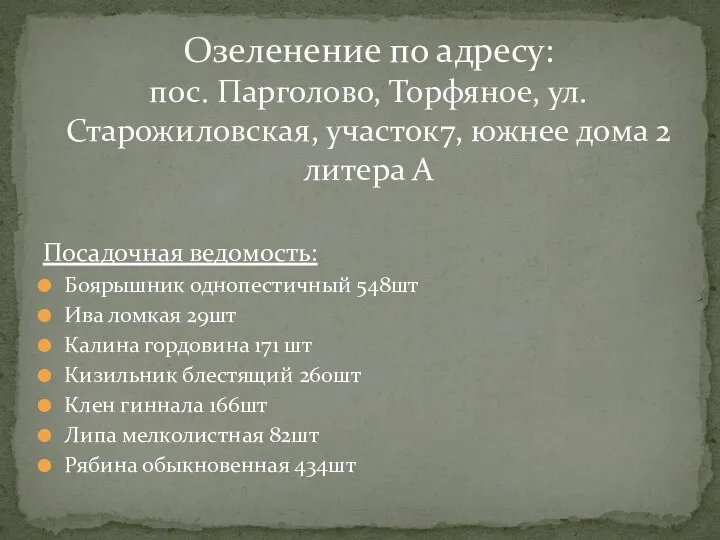 Посадочная ведомость: Боярышник однопестичный 548шт Ива ломкая 29шт Калина гордовина