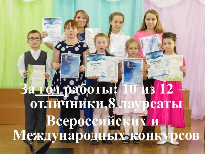 За год работы: 10 из 12 – отличники,8 лауреаты Всероссийских и Международных конкурсов