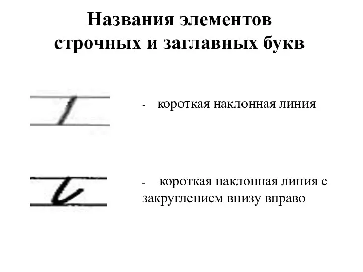 Названия элементов строчных и заглавных букв - короткая наклонная линия