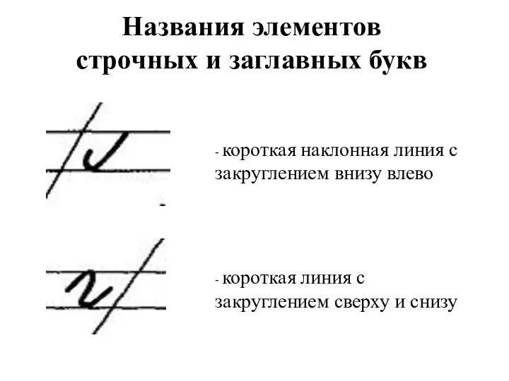 Названия элементов строчных и заглавных букв - короткая наклонная линия