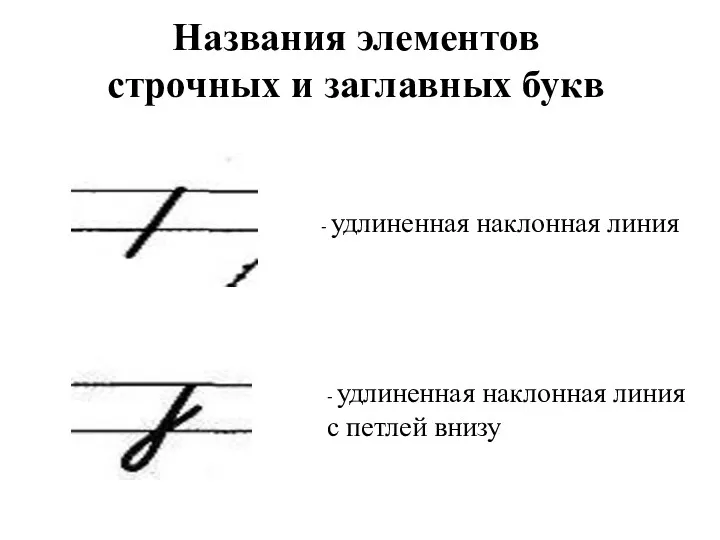 Названия элементов строчных и заглавных букв - удлиненная наклонная линия