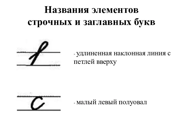 Названия элементов строчных и заглавных букв - удлиненная наклонная линия с петлей вверху