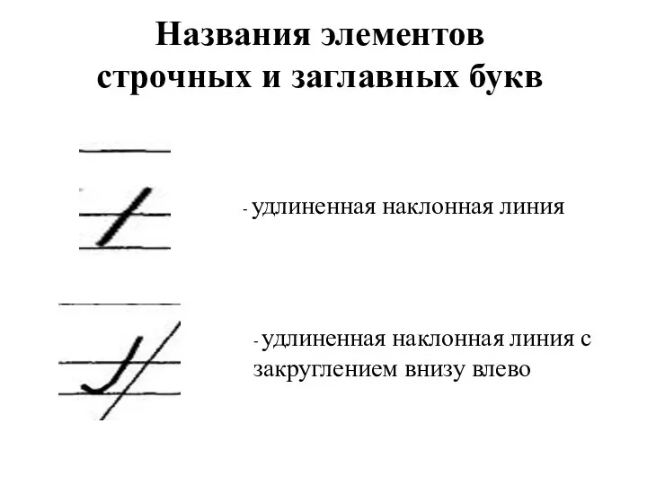 Названия элементов строчных и заглавных букв - удлиненная наклонная линия - удлиненная наклонная
