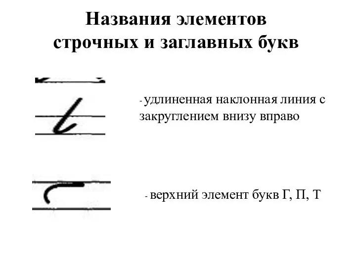 Названия элементов строчных и заглавных букв - удлиненная наклонная линия с закруглением внизу
