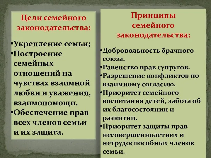 Цели семейного законодательства: Укрепление семьи; Построение семейных отношений на чувствах