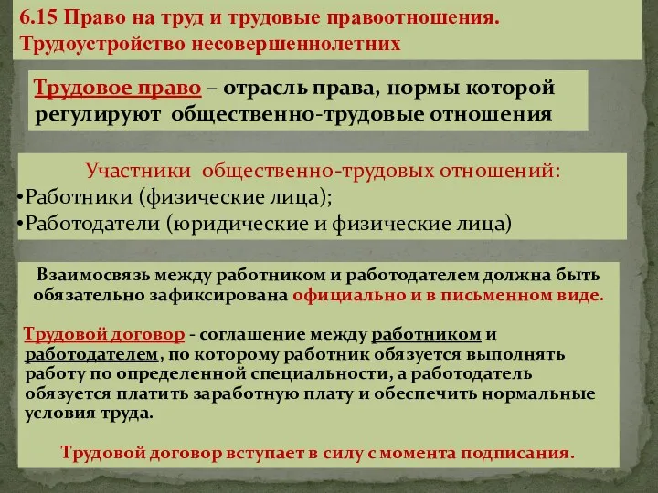 6.15 Право на труд и трудовые правоотношения. Трудоустройство несовершеннолетних Трудовое