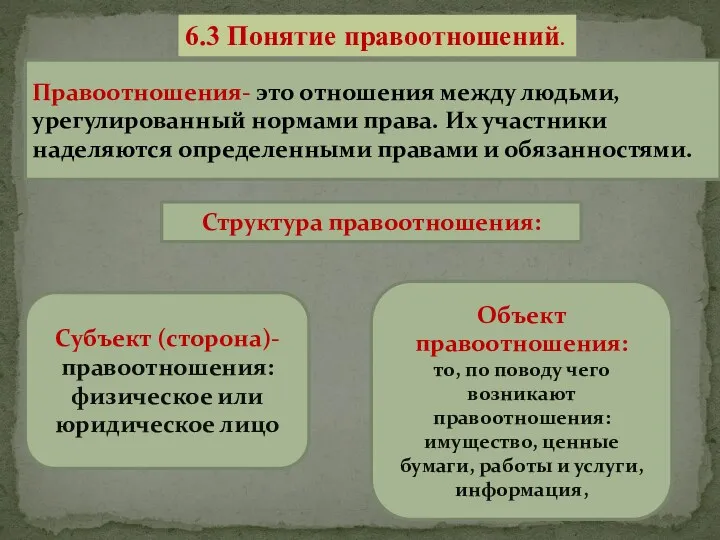 6.3 Понятие правоотношений. Правоотношения- это отношения между людьми, урегулированный нормами