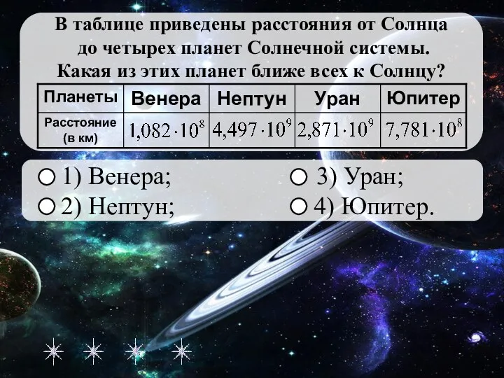 1) Венера; 3) Уран; 2) Нептун; 4) Юпитер. ОШИБКА!!! Следующее задание Правильный ответ