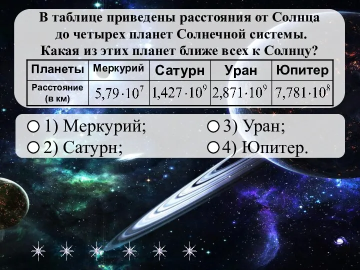 1) Меркурий; 3) Уран; 2) Сатурн; 4) Юпитер. ОШИБКА!!! Ваш результат Правильный ответ