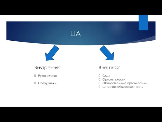 ЦА Внутренняя: Руководство Сотрудники Внешняя: Сми Органы власти Общественные организации Широкая общественность