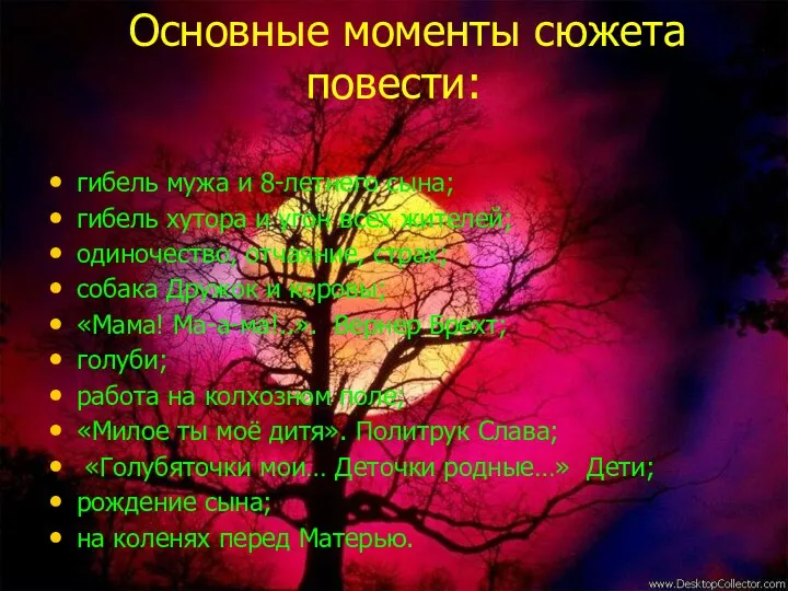 Основные моменты сюжета повести: гибель мужа и 8-летнего сына; гибель хутора и угон